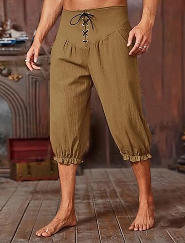  Herren Caprihose Shorts Leinenshorts Sommershorts Piratenhose Kordelzug Elastischer Bund Einfach Komfort Atmungsaktiv Wadenlang Outdoor Party Lässig Ethno-Stil Retro Vintage Schwarz Braun