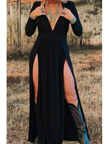  Femmes Robe maxi Robe trapèze Occasionnel Extérieur Sortir Coupe régulière Couleur Unie manche longue Col en V Noir Été