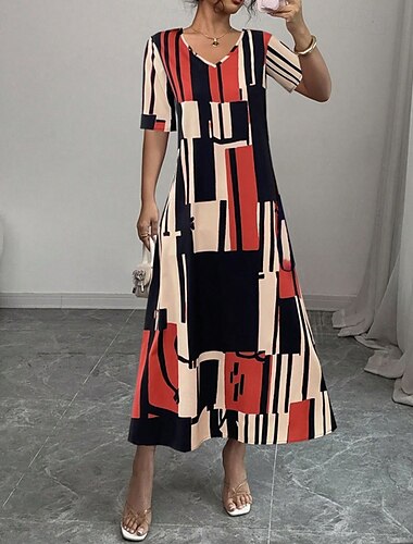  Femmes Robe Midi Robe Imprimée Mode Moderne Extérieur Vacances Fête Coupe régulière Géométrique Manche Courte Col en V Rouge Bleu Vert Été