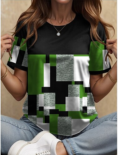  Damen T Shirt Grafik Geometrisch Farbblock Vintage Stilvoll Klassisch Kurzarm Rundhalsausschnitt Rundhals Normale Oberteile Täglich Druck Rote Blau Purpur Grün Sommer Frühling