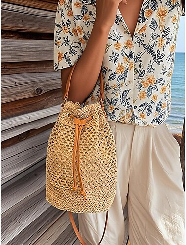  Gewebte Beuteltasche mit Kordelzug für Damen – stylische Sommertasche mit Lederriemen, perfekt für den Strand, Reisen und Freizeitausflüge