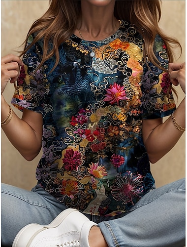  Dames T-shirt Bloemig Grafisch Planten Bohemen Vintage Stijlvol Korte mouw Strakke ronde hals Ronde hals Normale tops Dagelijks Uitgaan Weekend Afdrukken Geel blauw Paars Groen Zomer Lente