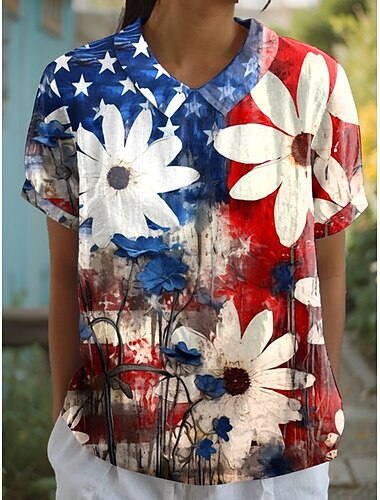  Women's Patriotic  Blouse Graphic Flag Stylish Casual Short Sleeve Shirt Collar Regular Tops Work Daily Print Yellow Red Blue Summer Spring
