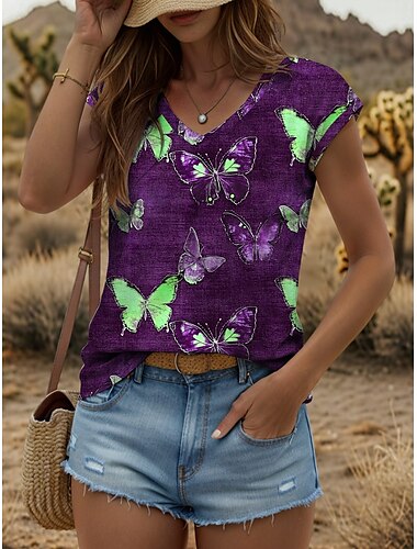  Damen-Trägershirt mit Tieren, Schmetterling, Vintage, tropisch, stilvoll, ärmellos, kurze Ärmel, V-Ausschnitt, normale Oberteile, Alltagsdruck, Gelb, Rot, Blau, Lila, Grün, Sommer, Frühling