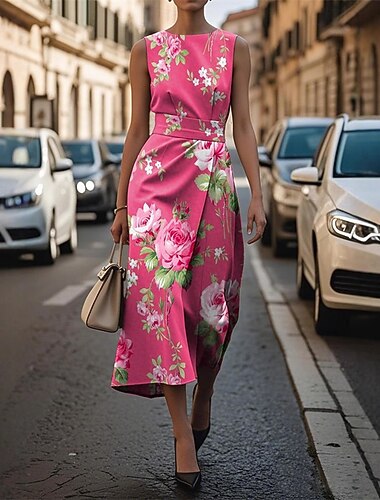  Per donna Abito Midi Abito da Ballo Abito Floreale Abito Estivo Elegante Moda All'aperto Feste Data Vestibilità regolare Fiore Senza Maniche Girocollo Rosa Estate Primavera
