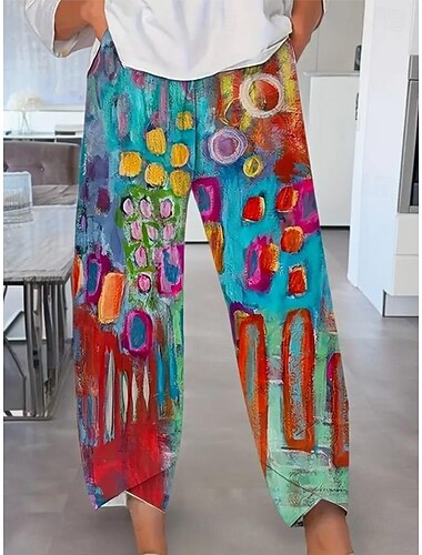  Dam Byxor av linne i bomull Semester Vintage Etnisk Stil Fullängd Hög midja Snörning Tryck Semester Gata Casual Rödhakeägg blå Rubinrött Sommar Vår Lös passning