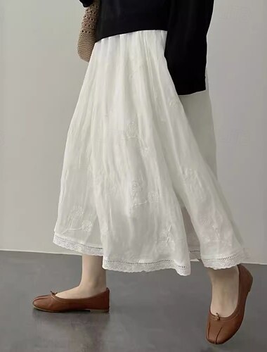  Mujer Falda Moda Maxi Tiro Medio Faldas Plano Bordado Microelástico Vacaciones Calle Blanco Verano Algodón