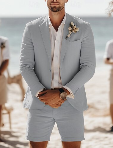  Herren Strandhochzeit Leinenanzüge Himmelblau Khaki Mode Täglich Einfarbig Standard Passform 2-teilig Einreihige Zwei-Knopf-Jacke