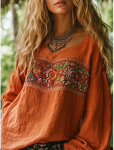  Naisten länkkäripaita boheemi paitapusero puuvillajäljitelmä pellavakuvio kukkakuvio moderni rento pitkähihainen v-aukkoinen normaali topit päivittäin juhla juhla juhlapainatus musta fuksianvihreä oranssi aprikoosi harmaa kesä syksy
