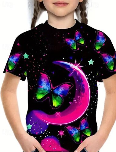  Kinder Mädchen T-Shirt Schmetterling Outdoor Kurzarm Rundhalsausschnitt Streetwear Ab 4 Jahren Sommer Schwarz Weiß Hellgrün