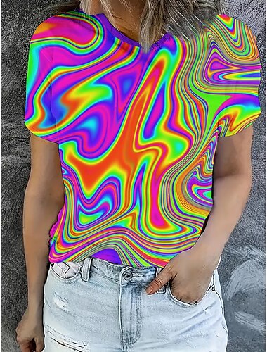  Pentru femei Tricou Topuri de vară Grafic #D Clasic Casual Manșon scurt Stil Nautic Crop Tops Zilnic Sfârșit de săptămână Imprimeu Curcubeu Vară Primăvară Toamnă