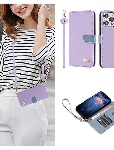  Handyhülle für iPhone 16 15 14 13 12 Pro Max mit Umhängegurt, Flip-Wallet-Cover mit Kartenhalter, stoßfestes PU-Leder