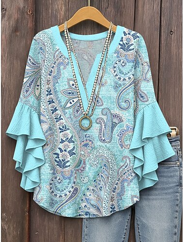  Dámská blůza s vrstvenými volánkovými rukávy květinový grafický motiv paisley vintage každodenní stylová rukáv 3/4 lodičkový výstřih pravidelné topy každodenní prázdninové oblečení potisk modrá