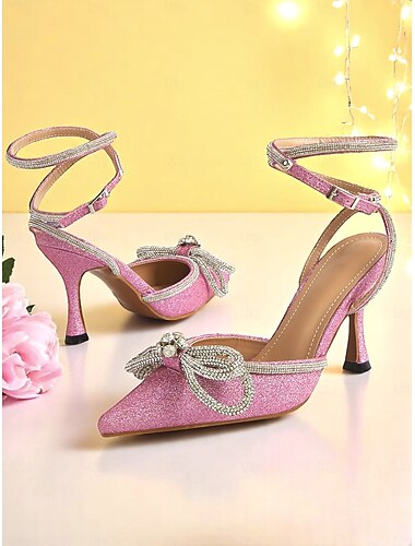  Rosa Glitzer-Pumps mit Knöchelriemen und Strass-Schleifen für Damen – spitze Abendschuhe für Cocktailpartys und Abendveranstaltungen