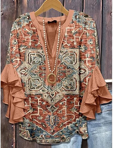  Dámská retro blůza s vrstvenými volány vintage grafika geometrický vzor každodenní stylová 3/4 rukávy výstřih do V běžné topy každodenní letní prázdninové oblečení s potiskem víno velbloudí oranžová