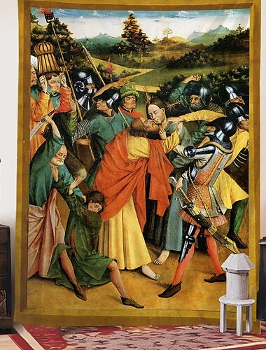  Keskiaikainen gobeliini Keskiajan gobeliini Uskonnollinen taide Suuri gobeliini Mural dekorointi Valokuva taustana Koti Makuuhuone Olohuoneen koriste Johann Koerbecke vangitseminen