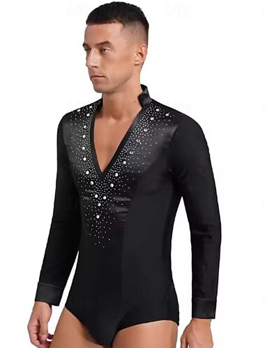  Herren Latein Tanz Trikot Shirt Top Eiskunstlauf Kostüm V-Ausschnitt Langarm Satin Bodysuit Ballsaal Shirts