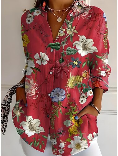  Damen Hemd Ombre Blumen Grafik Vintage Tropisch Stilvoll Langarm Hemdkragen Normale Oberteile Arbeit Täglich Knöpfe Druck Weiß Rosa Rote Grün Beige Sommer Frühling Herbst