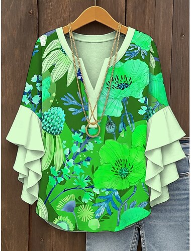  Damen Bluse Blumen Grafik Elegant Bohemien Ethnisch Dreiviertelarm V Ausschnitt Normale Oberteile Täglich Ferien Urlaubskleidung Rüsche Druck Gelb Rote Blau Purpur Grün Sommer Frühling Herbst
