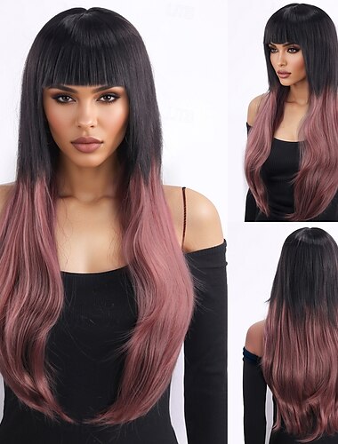  Synthetische Perücken Yaki Glatt Stufenschnitt Mit Pony Maschinell hergestellt Perücke 28 Zoll A1 Synthetische Haare Damen Klassisch Bequem Farbverläufe Mehrfarbig