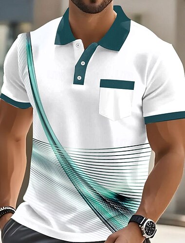  Herren Geometrisch Linie Polo Kurzarm Umlegekragen Geschäftlich Geschäft Athleisure Alltagstauglich Knöpfe Tasche Sommer Rubinrot Grün Rote
