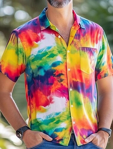  Herren Regenbogen LGBT Stolz Hemd Sommerhemd Knopfhemd Kurzarm Modisch lässig Ferien Streetwear Sommer Frühling Umlegekragen 3D-Druck Hemden mit Kragen Eine Tasche vorne Regenbogen