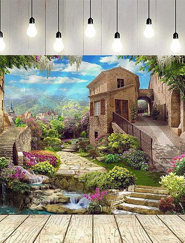  ヨーロッパの庭園、城、家の風景、吊り下げタペストリー、壁画アート、大きなタペストリー、壁画装飾写真、背景、カーペット、カーテン、家の寝室、リビングルームの装飾