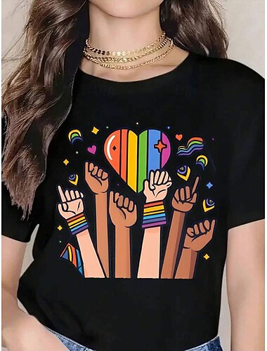  חולצת טי לנשים של מצעד הגאווה LGBT גאווה קשת גרפית אותיות וינטג' אלגנטית קלאסית עם שרוולים קצרים צוואר עגול רגיל טופים להדפס יומי שחור ולבן לבן חום קשת
