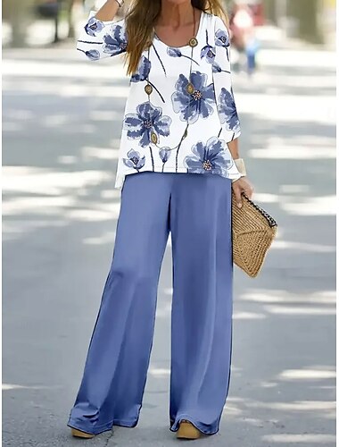  Damen Hemd Bluse Dreiviertelarm U-Ausschnitt Blumen Grafik Druck Outdoor Urlaub Lässig Weiß Blau Purpur Sommer Lässiger Schnitt