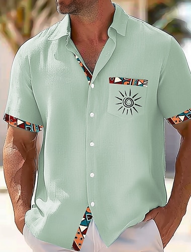  Herren Sonne Stammes Ethik / Afrikanisch Hemd Knopfhemd Kurze Ärmel Vintage-Retro Alltagstauglich Sommer Frühling Umlegekragen 3D-Druck Eine Tasche vorne Leinenähnliches Hemd Rosa Blau Grün Khaki