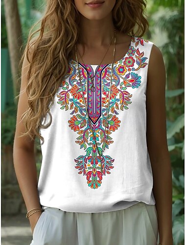  Dam Camisole linne Blommig Grafisk bohemliv Retro / vintage Ärmlös Rund hals Vanliga toppar Semesterkläder Svart Vit Blå Kaki Sommar Vår