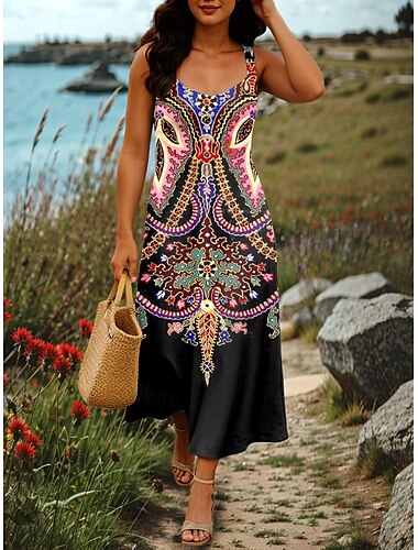  Dames Maxi-jurk A lijn jurk Zomerjurk Off-the-shoulder jurk Vakantie Casual Feest Afspraakje Normale pasvorm Bloemig Grafisch Tribal Mouwloos Vierkante hals Blozend Roze Paars Groen Zomer Lente