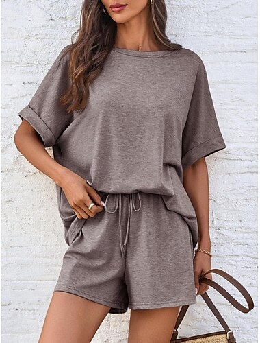  Damen 2-teiliges Mode Streetwear tägliche Shorts-Sets kurzärmlig Rundhalsausschnitt einfarbig lässig schwarz blau khaki Sommer reguläre Passform