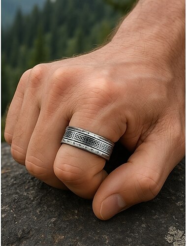  Herrenring aus Edelstahl im Wikingerstil mit nordischen Runen und keltischem Knotendesign, Band im nordischen Vintage-Stil für Biker und Cosplay