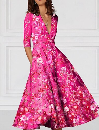  Vestido elegante de cóctel floral de corte A, vestido formal de boda, largo hasta los tobillos, media manga, cuello en V, vestido rosa de crepé elástico con bolsillo bordado 2025