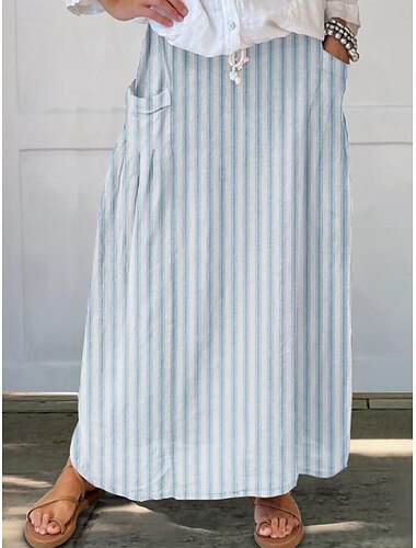  Femmes Jupe Trapèze Bohème ancien Occasionnel Maxi Taille haute Jupes Rayé Avec Poches Imprimé Micro-Élastique Rue Quotidien Bleu Marron Abricot Gris Été Polyester Mélange de coton