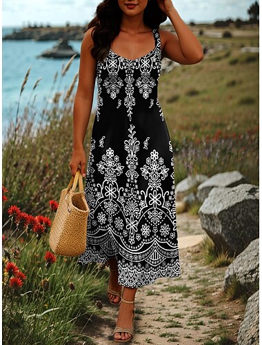  Damen Maxikleid A Linie Kleid Schulterfreies Kleid Urlaub Lässig Boho Party Ausgehen Strand Standard Passform Grafik Stammes Ärmellos Quadrathals Schwarz Weiß Rote Blau Sommer Frühling