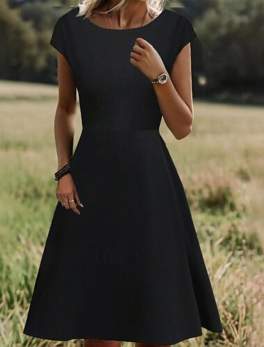  Femmes Robe Midi Robe Décontractée Mode Moderne Extérieur Fête Sortir Coupe régulière Uni Manche Courte Col ras du cou Noir Été
