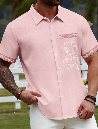  Herren Palmblatt Tropische Pflanzen Hemd Sommer Hawaiihemd Alohahemd Kurzarm Hawaiianisch Urlaub Ferien Streetwear Sommer Umlegekragen 3D-Druck Eine Tasche vorne Leinenähnliches Hemd Rosa Blau Grün