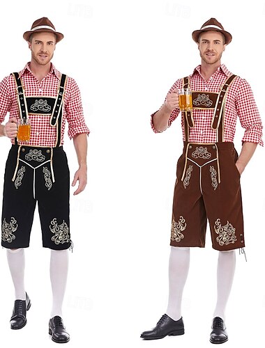  Oktoberfest Costume Tenues Lederhosen Chemise Bavarois Munich Prairies Homme Carnaval Fête de la Bière Tissu de style traditionnel