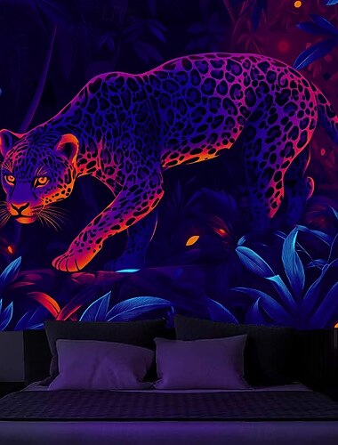  Schwarzlicht Wandteppich Leuchtet im Dunkeln Glow Party UV-reaktiv Waldtier Leopard Trippy Nebel Natur Landschaft Hängender Wandteppich Wandkunst Wandmalerei für Wohnzimmer Schlafzimmer