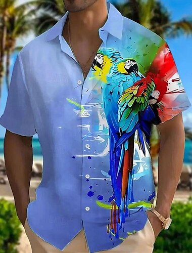  Herren Vogel Papagei Hemd Sommer Hawaiihemd Knopfhemd Kurzarm Hawaiianisch Urlaub Ferien Strandbekleidung Sommer Frühling Umlegekragen 3D-Druck Hemden mit Kragen Gelb Blau Purpur Grün