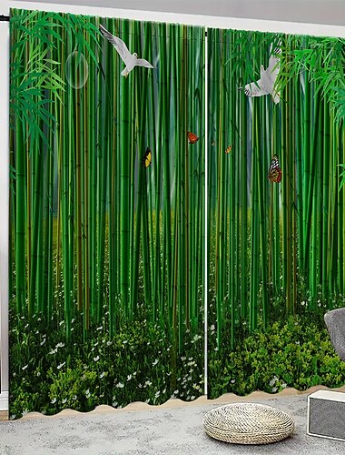  2-teiliges Set mit grünen Vorhängen mit Bambusmuster, geeignet für Arbeitszimmer, Küche, Wohnzimmer, Schlafsaal, Stangentaschen, Schlafzimmerzubehör, Raumdekoration und Heimdekoration, Deckenvorhänge