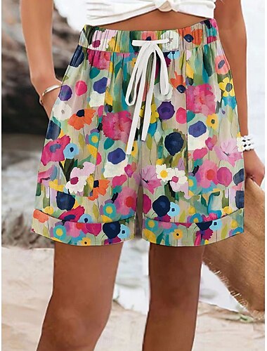  Dam Kinesiska Shorts Semester Vintage Etnisk Stil Kort Medium Midja Blommig Grafisk Snörning Elastisk midja Formell Semester Gata Rodnande Rosa Kaki Beige Sommar Vår Normal