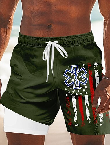  Tag der Unabhängigkeit Herren US Flagge Patriotisch Vierter Juli Gefütterte Shorts 2 in 1 Badeshorts Badehosen Mittlere Taille Ferien Seitentaschen Mit Kompressionsfutter Elastischer Kordelzug in der