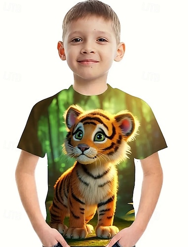  Мальчики 3D Животное Тигр Футболка С короткими рукавами Лето Весна Мода Классический Дети 4-12 лет Вырез под горло на открытом воздухе Повседневные Стандартный