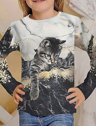  Girls' 3D Animal Cat T shirt Tee Long Sleeve Spring Fall Fashion Basic Kids 4-12 Years Crew Neck Outdoor Casual Daily Regular Fit