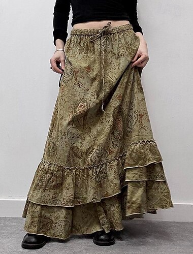 Dames Rok Ruffle rok Modieus Boho Maxi Medium taille Rokken Bloemig Ruche Afdrukken Micro-elastisch Vakantie Straat Bruin Zomer Polyester