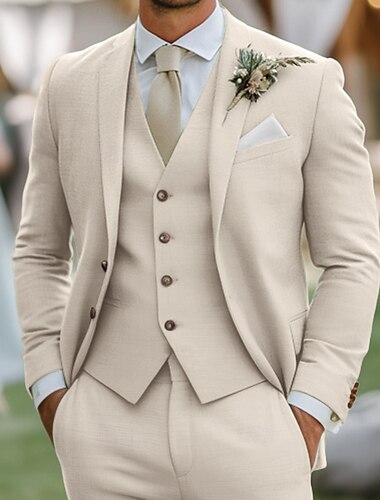  Herren Hochzeit Leinenanzüge Himmelblau Salbei Mode Formell Einfarbig Standard Passform 3-teilig Einreihige Zwei-Knopf-Jacke