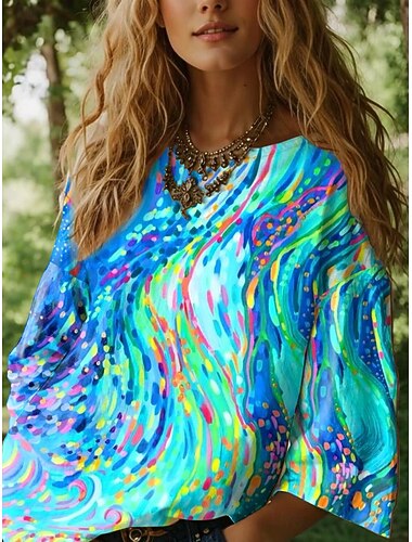  Dames Blouse Lange Mouw Ombre Afbeelding Geometrisch Bohemia Dagelijkse Etnisch 3/4 Lengte Mouwen Crew Neck Boot Hals Regelmatige Tops Dagelijks Vakantie Strandkleding Print Blauw Paars Oranje Zomer